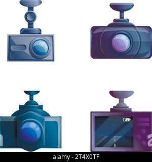 Le icone del registro auto impostano il vettore dei cartoni animati. dvr per auto. Tecnologia moderna Illustrazione Vettoriale