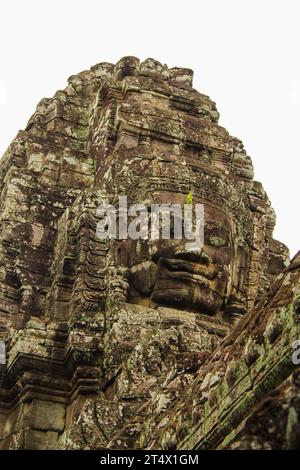 Primo piano su uno dei volti in pietra di Bayon, Siem Reap, Cambogia, è stato iscritto nella lista dei patrimoni dell'umanità dell'UNESCO nel 1992. Foto Stock