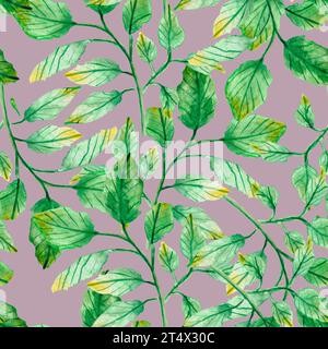 disegno ad acquerello, motivo senza cuciture con foglie e ramoscelli verdi Foto Stock