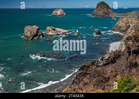 Pile di mare, formazione Sisters Rocks in lontananza, baccelli di foche visibili nell'acqua, vicino a Port Orford, Oregon, Stati Uniti Foto Stock