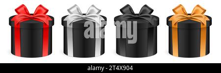 Scatole regalo nere a forma rotonda con nastri colorati, isolate sullo sfondo. Set Giftbox cilindrico realistico, illustrazione vettoriale. Illustrazione Vettoriale