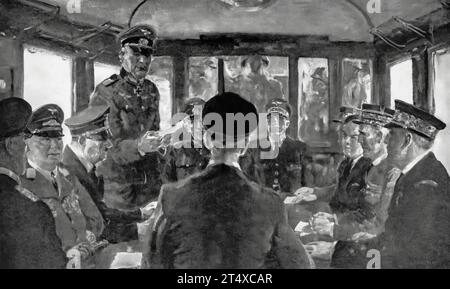 Un'illustrazione di T. C. Douglas della firma dell'armistizio franco tedesco il 21 giugno 1940 in un carrozzone ferroviario a Rethondes nella Foresta di Compiegne. Dopo che il generale Keitel aveva letto i termini Hitler se ne andò e i francesi firmarono il giorno seguente. Presente dall'ammiraglio Raeder, Goering, Hitler, il generale Keitel, il generale von Brauchitsch e Hess. I francesi includono il generale Bergeret, M. Noel, l'ammiraglio le Luc. Foto Stock