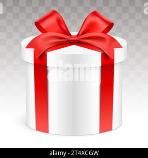Confezione regalo bianca di forma rotonda avvolta con nastro in raso rosso, isolata su sfondo trasparente. Illustrazione vettoriale Giftbox cilindrica realistica. Illustrazione Vettoriale