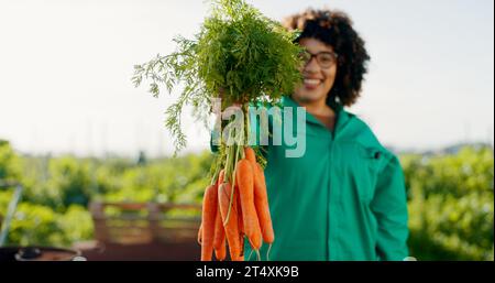Agricoltore, donna e carota in agricoltura, serra e agricoltura per la sostenibilità, l'offerta di generi alimentari e giardinaggio. Ritratto del lavoratore o fornitore di Foto Stock