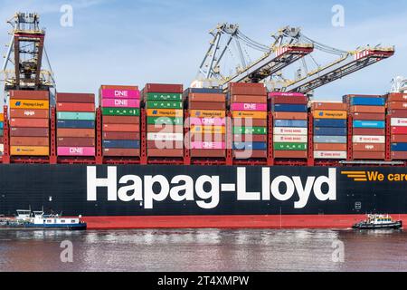 Rotterdam, Paesi Bassi-16 settembre 2023; grandi gru a cavalletto che spostano container nella logistica «nave a terra» dalla nave container Hapag-Lloyd su t Foto Stock