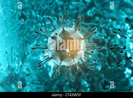 Vista microscopica del virus, batteri, organismo infetto dalle cellule. illustrazione 3d. Foto Stock