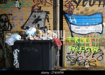 Schriftzug FREE PALESTIN unter der Abbildung der Flagge von Hertha BSC Fußballclub der Hauptstadt - Wandbotschaft - Auflösung Israels als eigenständiger Staat - Berlino, Deutschland, DEU, GER, 01.11.2023 - Berlin-Mitte: Politischer protest im öffentlichen Raum für die Freiheit Palästinas. Mattina 7. Oktober überfiel die islamistische Terror-Organisation Hamas den Staat Israele. DAS Ziel der Hamas ist die Zerstörung Israels. Die islamische Hamas strebt die Errichtung eines islamischen Gottesstaates Palästina an. Die Hamas ist eine palästinensische, Organizzazione nazionale-islamistische. *** Lettere fr Foto Stock