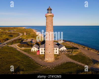 Vista aerea, faro alla luce della sera, Grenen, Skagens Gren, Skagen, Jutland settentrionale, Jutland, Danimarca Foto Stock