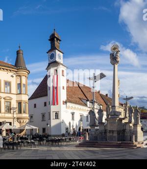 Vecchio municipio, con bandiera austriaca, colonna della peste, piazza principale di Leoben, Stiria, Austria Foto Stock