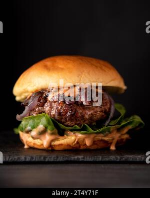 Succulento hamburger fatto in casa con cipolle di lattuga e salsa chipotle in un panino brioche. Sfondo scuro e lunatico. Foto Stock