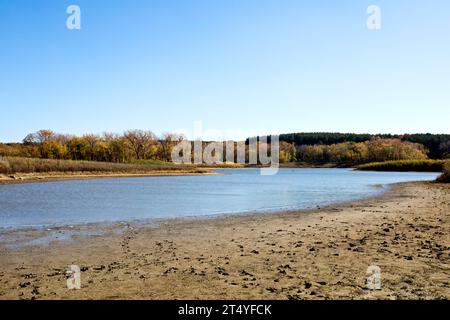 Cascata sulla spiaggia con alberi autunnali sullo sfondo in una giornata in Iowa. Foto Stock