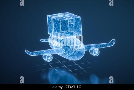 Aereo e carico con struttura a tecnologia blu, rendering 3D. Illustrazione 3D. Foto Stock