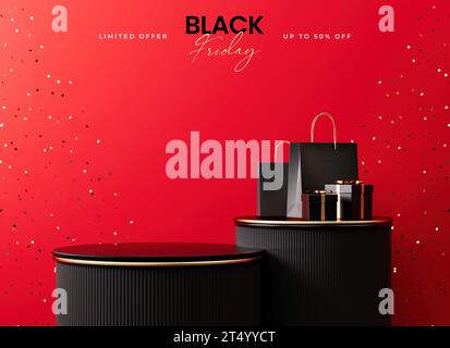 Modello di banner Black Friday con piattaforma a podio, materiale nero e oro su sfondo rosso per espositori di prodotti in illustrazione 3D. Foto Stock