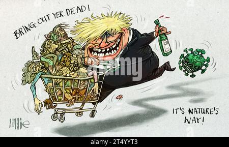 Cartone animato satirico che illustra Boris Johnson con un carrello da supermercato pieno di OAP morti, tag line IT's Nature's Way facendo riferimento ai risultati delle indagini Covid. Foto Stock