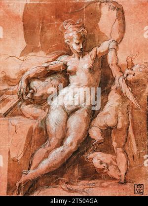 Girolamo Francesco Maria Mazzola, Venere disarmante Cupido, disegno in penna e inchiostro con gesso e lavare, 1524-1530 Foto Stock