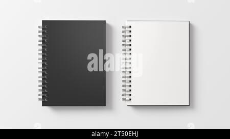 Mockup per notebook. Notebook vuoto chiuso e aperto con coperchio nero. Blocco note a spirale su sfondo bianco. illustrazione 3d. Foto Stock
