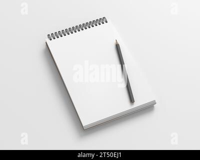 Mockup per notebook. Quaderno vuoto e matita. Blocco note a spirale su sfondo bianco. illustrazione 3d. Foto Stock