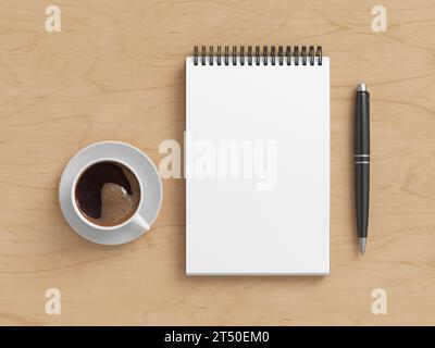 Mockup per notebook. Notebook da lavoro vuoto. Blocco note a spirale su scrivania in legno. illustrazione 3d. Foto Stock