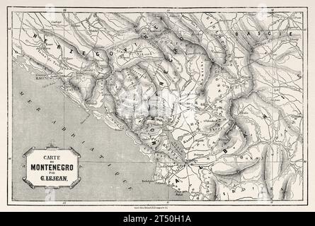 Vecchia mappa del Montenegro. Europa. Viaggio in Albania e Montenegro nel 1858 dell'esploratore francese Guillaume Lejean. Incisione del vecchio XIX secolo da le Tour du Monde 1860 Foto Stock