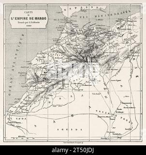 Mappa geografica dell'impero del Marocco nel 1860. Africa. Viaggia in Marocco. Incisione del vecchio XIX secolo da le Tour du Monde 1860 Foto Stock