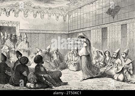 Scena di danza in una serata nella casa di un ricco tataro a Shamaki, Azerbaigian. Viaggio nel Mar Nero e nel Mar Caspio nel 1858 da Moynet. Incisione del vecchio XIX secolo da le Tour du Monde 1860 Foto Stock