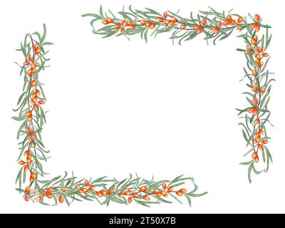 Cornice rettangolare con rami di spina di mare. Sandthorn, Sallowthorn. Bacche d'arancia, foglie verdi. Illustrazione ad acquerello per cartolina, invito Foto Stock