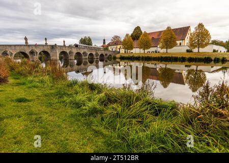 Per secoli Tirschenreuth fu una città isolana circondata da 190 ettari di acqua. Dopo essere stato completamente drenato nel 1808, il vecchio Fischhof e il Ponte di Fischhof sono ora circondati da 6 ettari di acqua. Tirschenreuth, Germania Foto Stock