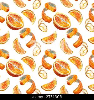 Pattern uniforme di fette arancioni e scorza. Illustrazione acquerello isolata su sfondo bianco. Etichette per succhi di frutta, imballaggi, coperture, cartoncini, tessuti. Foto Stock