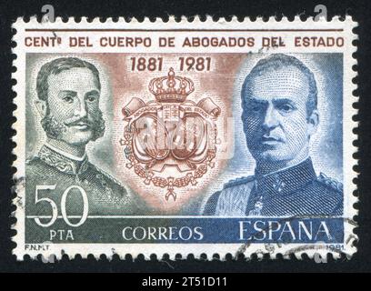 SPAGNA - CIRCA 1981: Timbro stampato dalla Spagna, mostra re Alfonso XII e Juan Carlos, circa 1981 Foto Stock