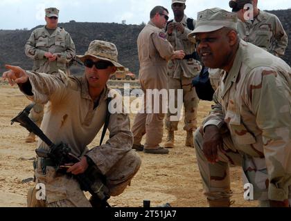 1001308829H-019 KORON RANGE, Gibuti (30 gennaio 2010) Rear Adm. Sinclair Harris, comandante del Expeditionary Strike Group (ESG) 5, riceve istruzioni di distanza da un membro dell'11th Marine Expeditionary Unit (11TH MEU) plotone da cecchino durante un esercizio di addestramento di supporto. Il Bonhomme Richard Amphibious Ready Group e l'11th MEU stanno sostenendo le operazioni di sicurezza marittima nell'area di responsabilità della 5th Fleet. (Marina degli Stati Uniti Foto Stock