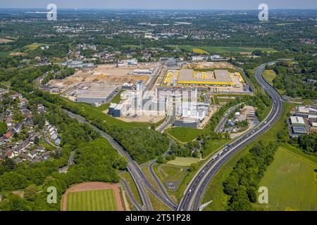 Vista aerea, cantiere principale Mark 51/7, nuovo quartiere scientifico e tecnologico delle costruzioni, campus o-Werk, DHL Logistik, Laer, Bochum, zona della Ruhr, Foto Stock