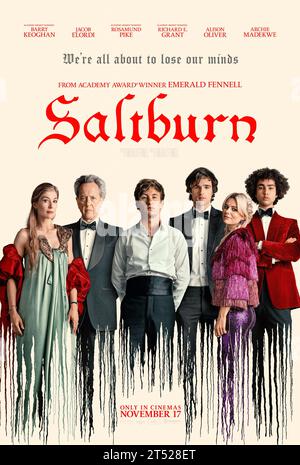 DATA DI USCITA: 17 novembre 2023. TITOLO: Saltburn. STUDIO: MRC Film. DIRETTORE: Emerald Fennell. TRAMA: Uno studente dell'Università di Oxford si ritrova coinvolto nel mondo di un affascinante e aristocratico compagno di classe, che lo invita nella vasta tenuta della sua eccentrica famiglia per un'estate da non dimenticare. PROTAGONISTA: Poster Art. (Immagine di credito: © MRC Film/Entertainment Pictures/ZUMAPRESS.com) SOLO PER USO EDITORIALE! Non per USO commerciale! Foto Stock