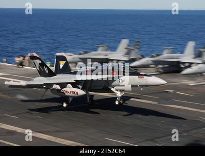 1010233737T-426 ATLANTIC OCEAN (23 ottobre 2010) un EA-18G Growler assegnato all'Electronic Attack Squadron (VAQ) 141 atterra durante le operazioni di volo a bordo della portaerei USS George H.W. Bush (CVN 77). George H.W. Bush sta conducendo operazioni di addestramento nell'Oceano Atlantico. Marina Foto Stock