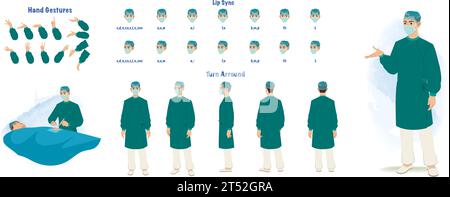 Un foglio modello chirurgo. Chirurgo maschile, foglio di lavoro medico. Chirurgo, Dottore gesti della mano, sincronizzazione delle labbra Illustrazione Vettoriale