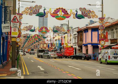 Decorazioni stradali Deepavali in Serangoon Road, Little India, Singapore Foto Stock