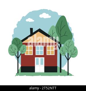 Casa piccola, alberi intorno. Casa nella natura. Stile europeo. Illustrazione vettoriale in stile piatto Illustrazione Vettoriale