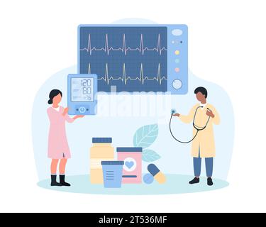 Monitor della frequenza cardiaca, illustrazione del vettore dell'esame cardiologico. Cartone animato le persone piccole analizzano l'elettrocardiogramma sullo schermo della macchina ECG, i medici misurano la pressione sanguigna e il polso del paziente Illustrazione Vettoriale