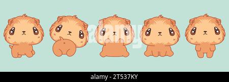 Collezione di Vector Cartoon Baby Guinea Pig Art Set di illustrazioni per animali domestici isolati Kawaii per stampe di vestiti, adesivi, doccia per bambini, colorazione Illustrazione Vettoriale