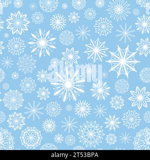 Splendido motivo a fiocchi di neve neutri senza cuciture. Fiocchi di neve bianchi decorati con cerchi e punti sullo sfondo. Tema natalizio e Capodanno. Stampa invernale Illustrazione Vettoriale