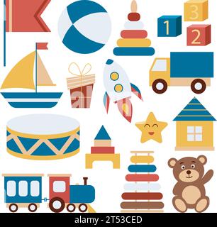 Set di giocattoli in legno per bambini. Simpatici giocattoli per bambini. Orso Teddy, barca, tamburo, auto, locomotiva, set da costruzione, sfera e altri. Collezione di articoli per bambini Illustrazione Vettoriale