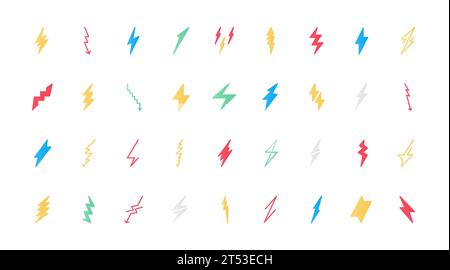 Le icone piatte dei fulmini impostano l'illustrazione vettoriale. Simboli di energia elettrica e di energia, pericolo di elettricità con diversi bulloni, semplici cartelli a rete e frecce a zigzag. Illustrazione Vettoriale
