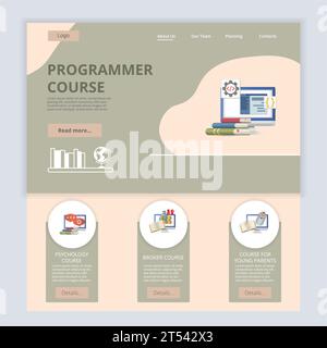 Modello di pagina di destinazione piatta per i corsi per i programmatori. Corso di psicologia, corso broker, corso per i giovani genitori. Banner Web con intestazione, contenuto e. Illustrazione Vettoriale