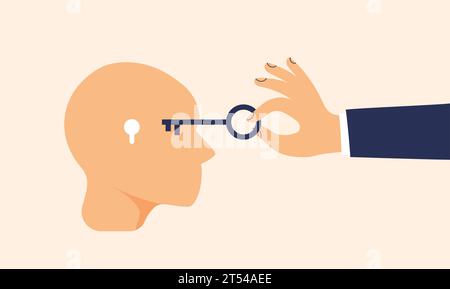 Metafora astratta della psicoterapia e della psicologia. Testa umana con un buco e una chiave. Concetto di risoluzione di situazioni difficili. Mente aperta. Assistenza sanitaria. Illustrazione Vettoriale