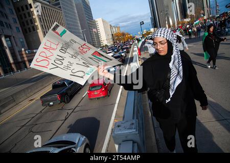 Una donna con un cartello che denuncia l'assedio a Gaza la sconvolge al passaggio del traffico durante una manifestazione di "cessate il fuoco a Gaza". Il raduno ha visto una massiccia affluenza di oltre un migliaio di manifestanti provenienti da Detroit. I residenti di Detroit e delle comunità circostanti hanno tenuto frequenti raduni mentre Israele continua a intensificare i bombardamenti e gli attacchi a Gaza a seguito di un attacco di Hamas su Israele il 7 ottobre 2023. Detroit ospita la più grande popolazione di arabi negli Stati Uniti, compresi molti palestinesi. Un massiccio raduno di oltre un migliaio di manifestanti provenienti da Detroit e dintorni ha partecipato al raduno in sol Foto Stock