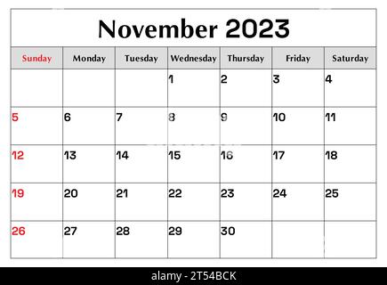 Calendario di novembre 2023. Pianificazione mensile dei vostri eventi aziendali. Illustrazione vettoriale Illustrazione Vettoriale