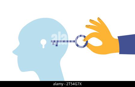 Metafora astratta della psicoterapia e della psicologia. Testa umana con un buco e una chiave. Concetto di risoluzione di situazioni difficili. Mente aperta. Assistenza sanitaria. Illustrazione Vettoriale