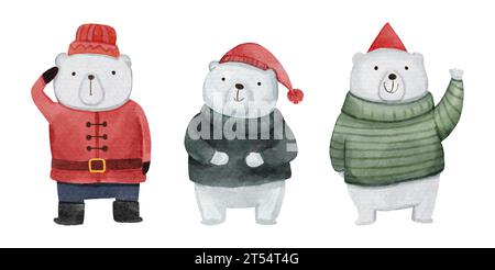 Orso polare con costume natalizio . Colori acquerelli personaggi dei cartoni animati . Isolato . Set 1 di 8 . Vettore . Illustrazione Vettoriale