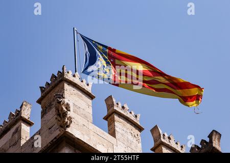 Bandiera della campagna valenciana che sventola a la Lonja Foto Stock