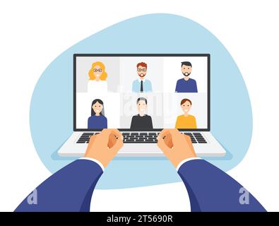 Riunione online. Videoconferenza sullo schermo del laptop. L'ambiente di lavoro e le mani digitano sulla vista frontale della tastiera. Lavoro da casa. Illustrazione vettoriale Illustrazione Vettoriale