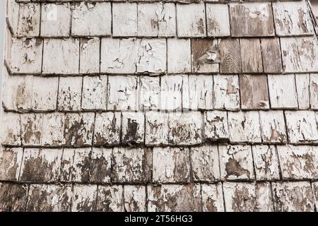 Tegole di legno di cedro dipinto di bianco distressed sul tetto, Quebec, Canada Foto Stock